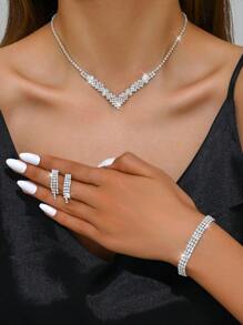 Conjunto elegante de joyería nupcial para boda y fiesta de 3 piezas, incluyendo collar ondulado brillante, aretes y pulsera