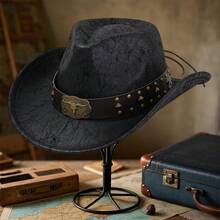 Women Men Cowgirl Hat, Vintage Bull Head Roll-Up Wide Brim Western Hat For Daily Party - 黑色 - 查看 5