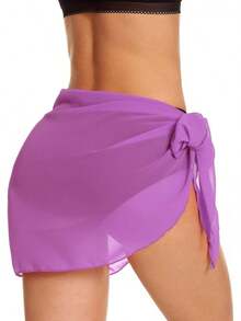 Swimsuit Coverups Women Sarong Beach Bikini Wrap Sheer Short Skirt Chiffon Scarf Swimwear - 淡紫色 - 查看 5