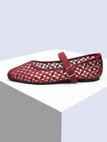 ADAMUMU Women's Fashion Square Toe Casual Party Office Buckle Breathable Woven Hollow Mesh Comfortable Slip-On Flat Shoes, Wine Red - Burgundy - View 4