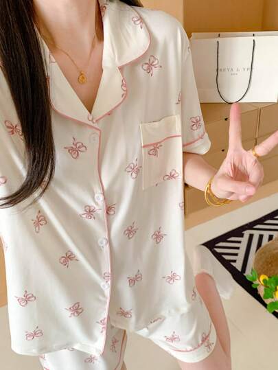 2 Piece Set Women Pajama Set, Pink Trim Bow Pattern, Lapel Single-Breasted, Shorts & Short Sleeve, Loose, Women Home Wear Sleepwear