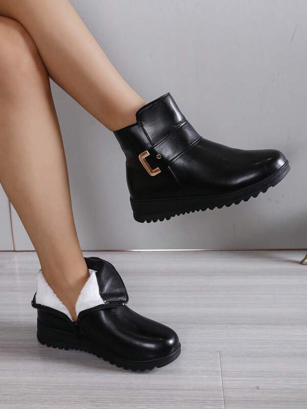 Women's New Thick Bottom Plush Fur Snow Boots, Side Zipper Metal Buckle Decor, Fashion All-Match Warm Outdoor Short Boots