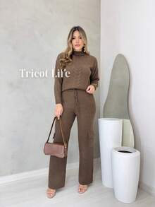 Mousse Knit Set With Blouse And Cargo Pants With Elegant Casual Weave - Rỉ Nâu - Xem 1