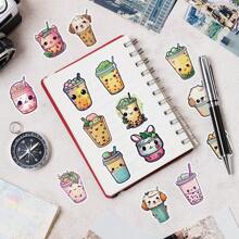 50pcs Bubble Tea Faux Pearl Design Cartoon Stickers, Vinyl Glossy Self-Adhesive Decals, Suitable For Decorating Luggage, Skateboards, Phone Cases, Diaries, Notepads, Desktops, Cabinets, Helmets For Adults And Teenagers, School Supplies,Back To School