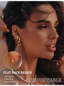 Milacolato Flat Back Earrings For Women Hypoallergenic Surgical Steel Earrings For Sensitive Ears-20G Cartilage Earring Stacks Gold Hoops Flatback Stud Earring Sets For Multiple Piercing - 彩色 - 查看 4