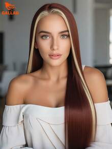 Brown Straight With Blonde Skunk Stripe Lace Front Wig 13x4 HD Transparent Heat-Resistant Synthetic Wig Perfect For Daily Wear & Holidays 24" - 拼色 - 查看 2