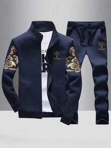 Men's Casual Retro Print Jacket And Pants Set - Blue - View 2