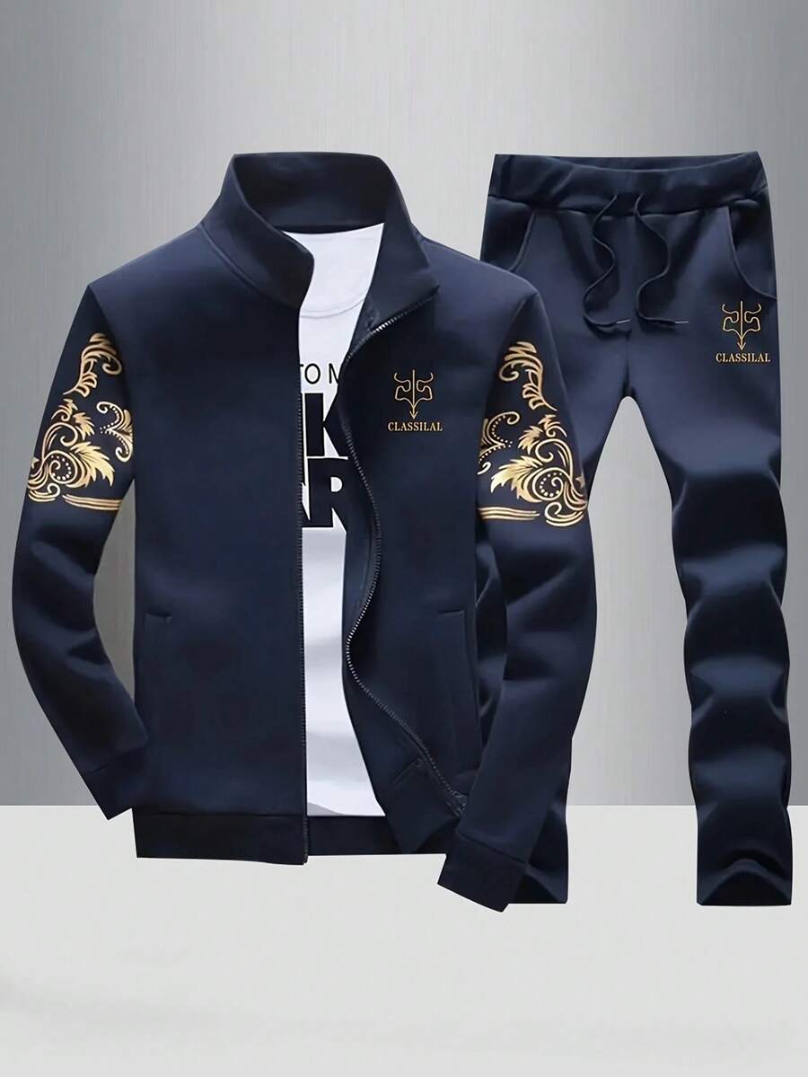 Men's Casual Retro Print Jacket And Pants Set