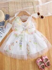 Vestido de princesa elegante e doce para meninas, 1 peça, laço, renda, bordado, flor, tule, babados, decoração, festa, praia, aniversário, primavera/verão