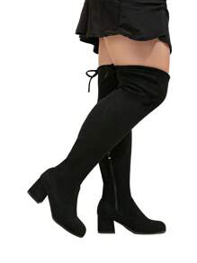宽筒过膝靴，弹力筒粗跟靴，黑色靴子，防滑黑色高跟女靴 - 黑色 - 查看 2