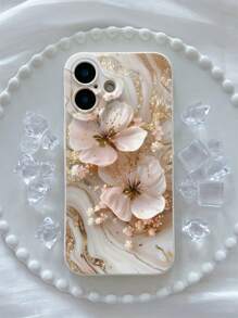 1pc Fashionable Marble Pattern Double Flower Solid Color Matte TPU Shockproof Phone Case, Compatible With IPhone 16/15/14/13/12/11/XSMAX/X/XS/XR/7PLUS/8PLUS/7/8