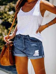 Jeans, Shorts, Women's Ripped Elements, Folding Pants Legs, Cycling Pants, Jeans, Shorts, Blue Pants, Simple Daily Wear, Summer Beach Style