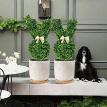 1 peça de topiaria verde esférica de plástico artificial de 21,6" em formato de coelho, planta falsa fofa em formato de coelho com laço de fita, decoração de jardim sem fio para ambientes internos/externos, enfeite de Natal