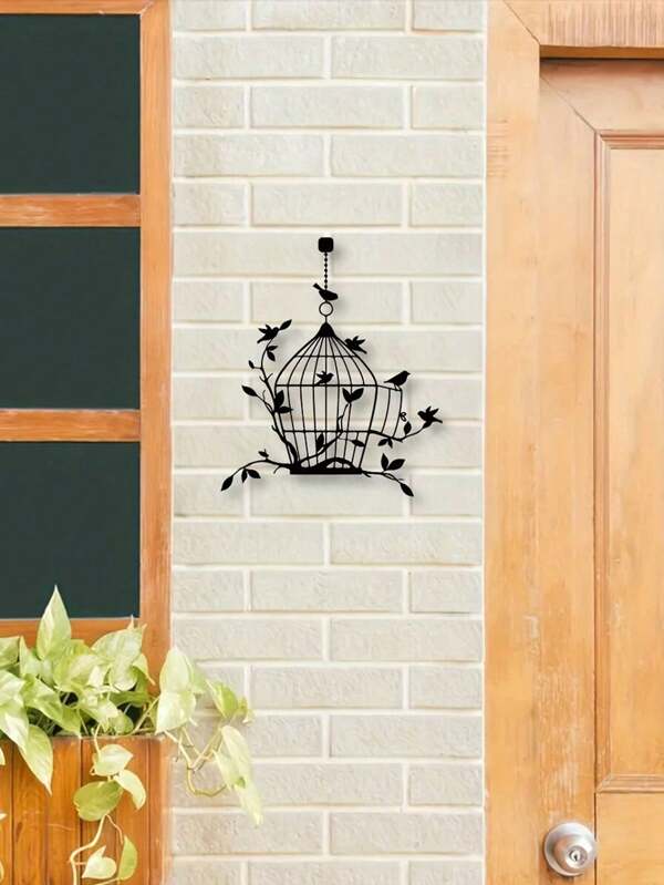 1 pieza Silueta de arte de pared de metal en forma de jaula de pájaros para decoración del hogar y dormitorio. Adorno colgante de hierro forjado para jardín exterior, decoración del hogar, decoración de habitación, decoración de pared