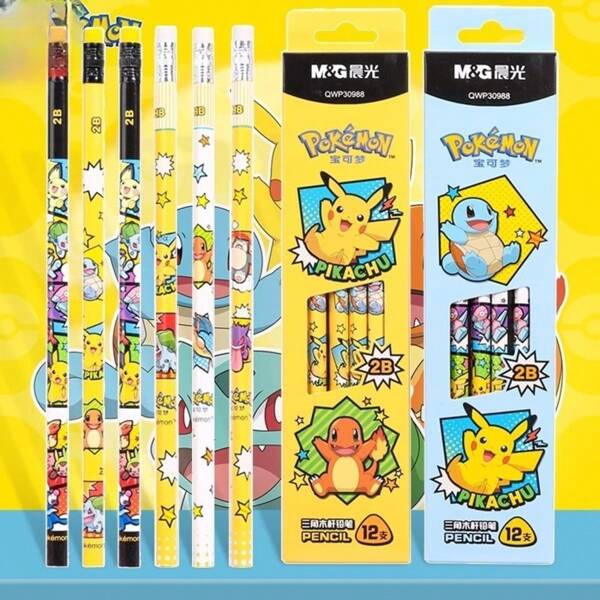 pokemon 12pcs Pokemon Triangular Wood Pencil With Eraser, 2B/HB Pencils For Students Back To School Arts & Drawing