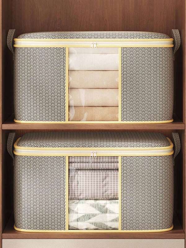 1pc Nonwoven Fabric Lock Pattern Window Quilt Storage Bag, Multifunctional Dust-Proof Dorm Laundry Organizer Bag