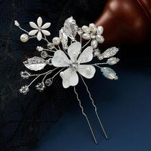 新娘手工花卉仿珍珠 U 型针发叉 | 安全婚礼发簪新娘发饰、发饰、发饰、发夹、发髻延长器、发髻制作器、发髻发片、发型夹 - 銀色 - 查看 5