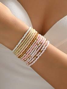 1 Set Of 13pcs Bohemian Beaded Adjustable Bracelet Set, Personalized Niche Gradient Geometric Woven Beaded Bracelet Set, Suitable For Women's Daily, Party, And Holiday Wear - Pink - View 1