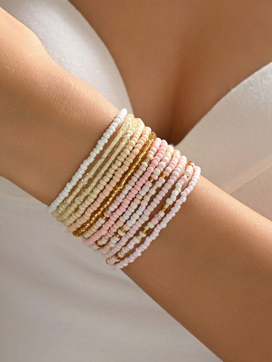 1 Set Of 13pcs Bohemian Beaded Adjustable Bracelet Set, Personalized Niche Gradient Geometric Woven Beaded Bracelet Set, Suitable For Women's Daily, Party, And Holiday Wear - Pink - View 1