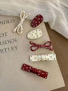 6件套女生精致可爱ins风百搭蝴蝶结设计波点印花侧刘海装饰夹 - 彩色 - 查看 7