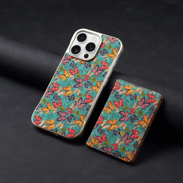 Denior Estuche con diseño de mariposa y tótem de madera de alta gama, compatible con iPhone 16/15/14 Plus Pro Max, con soporte para tarjetas magnético desmontable y carga inalámbrica MagSafe
