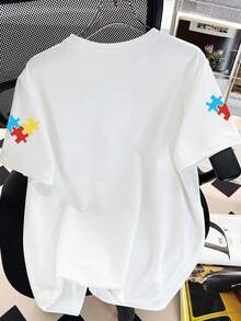 Boys' Personalized Minimalist Cartoon Puzzle Pattern Letter Slogan Print Crew Neck Short Sleeve T-Shirt, New Summer Boys Clothing - White - View 4