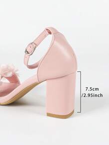 Sandalias de tacón grueso con correa y puntera cuadrada con decoración floral 3D en rosa, estilo dulce y elegante para boda, fiesta, primavera y verano