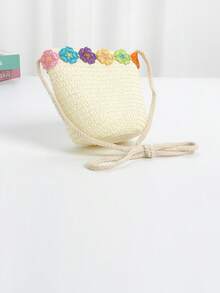 1pc Kids Cute Rainbow Ruffle Beach Straw Crossbody Bag, Princess One Shoulder Handbag Suitable For Daily Outing - Flowers - View 9