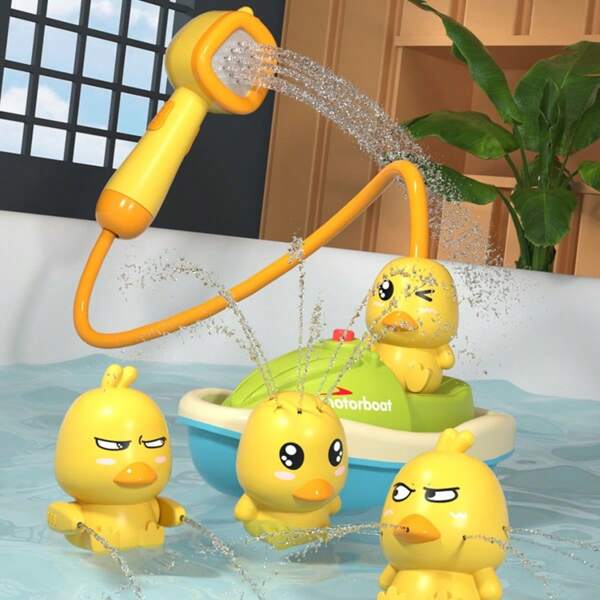 Juego de 6 Piezas Set de Juguetes de Baño Estilo Barco de Motor, 150mm Manguera Extraíble y Ventosa Fuerte, Plástico de PVC y ABS, Juguetes Flotantes Coloridos para Bañera de Bebé, Diversión en la Piscina, Alivio de Ansiedad, Aprendizaje Temprano (Sin Batería) (Botón de Barco Rojo Amarillo Aleatorio)