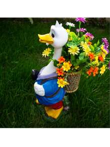 1pc Cute Cartoon Duck Carrying Planter Resin Craft Ornament, Outdoor Garden Yard Decor, Garden Planting Decoration