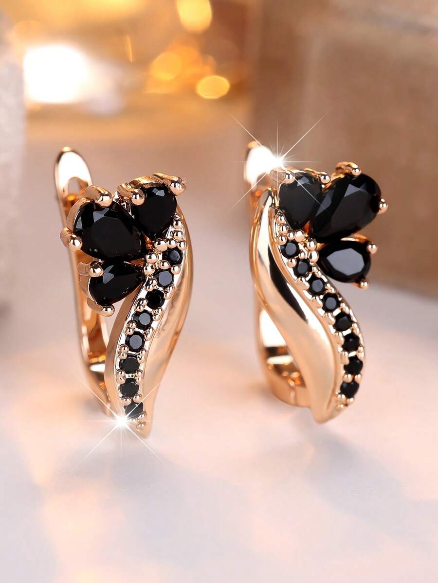 1 对优雅心形黑色方晶锆石女士环形耳环 - 奢华婚礼、派对和日常佩戴 - 耐用闪亮的配饰 - 黑色 - 查看 1
