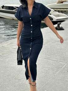 Seelio 春夏新款时尚V领百褶腰修身牛仔中长连衣裙 - 藍色 - 查看 7