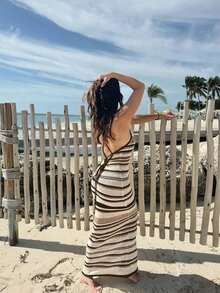 Vivid Style Sexy Hollow Out Sleeveless Fitted Striped Knit Beach Dress, Summer Sundress, Valentine's Day Women's Wear, Valentine's Day, Elegant Party Dress, Wedding Party Dress, Women's Vacation Outfit - Khaki - View 3