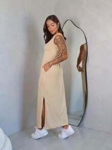 Long Dress With Slit And Pockets 100% Cotton - Màu be - Xem 3