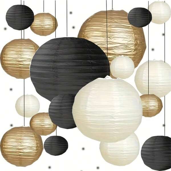 18pcs Black And Gold Paper Lanterns Decor - Round Hanging Decorations, Suitable For Halloween, Graduation, Wedding, Outdoor Events And Home Decor - Elegant Party Supplies, Metallic Finish, Holiday Party Decorations | Decorative Lanterns | Visually Appealing Lanterns