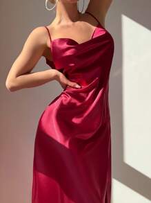 1pc Women's Elegant Solid Color Slip Dress With Slit, Sexy Spaghetti Strap, Lightweight And Soft Sleepwear For Homewear, Vacation