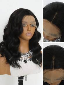 13x4 蕾丝前假发 14 英寸黑色短鲍勃深波浪 180% 密度无胶耐热合成假发，短发假发自然发际线，适合女性日常使用 - 黑色 - 查看 4