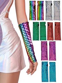 D EXCEED 1 Paar glänzende Meerjungfrau Schuppen Handschuhe Fischschuppen Armstulpen Rave Party Handschuhe Hologramm fingerlose Handschuhe Halloween Cosplay Kostüm Accessoires Irisierend
