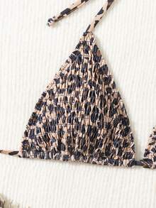 Bikini de dos piezas con estampado de leopardo fruncido y cuello halter, conjunto de baño con tiras de amarre estilo europeo, bestseller todo el año para fiestas en la playa - Marrón y negro - Ver 4