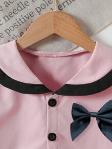 Set de 2 piezas de camisa de manga corta con botones y cuello marinero informal y falda para niñas