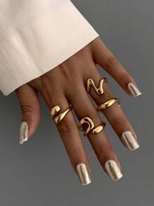 4pcs/Set Fashionable Asymmetric Water Drop Design Gold Rings, Vintage Minimalist Punk Style Unique Thick Metallic Jewelry, Suitable For Women's Everyday And Party Wear, Casual Outfit Matching, Holiday Gifts