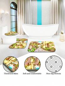 1pc/4pcs Street View Pattern Bathroom Accessory Set Include Waterproof Shower Curtain With 12 Hooks, Non-Slip Bath Mat, U-Shaped Toilet Mat And Closed Toilet Seat Cover, Multipurpose Bathroom Decor Set Bathroom Accessories Back To School