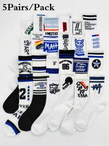5 pares de calcetines blancos hasta el tobillo con letras y números impresos al azar, calcetines deportivos de moda unisex para el otoño