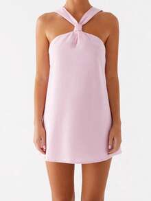 Women Mini Dress Solid Color/Floral Print Halter Neck Backless Dress Summer Fashion Sleeveless Casual Dress - 粉色 - 查看 2