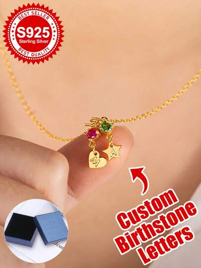 S925 Sterlingsilber personalisierte Geburtsstein & Buchstaben Halskette - ein einzigartiges, personalisiertes Geschenk für Liebende, Freunde oder Familie. Ideal für Geburtstage, Jahrestage, Valentinstag oder jede andere denkwürdige Gelegenheit. Diese Halskette verfügt über anpassbare Geburtsteine und Buchstaben, mit Herz- und Stern-Anhängern, gefertigt aus hochwertigem S925 Silber. Ein stilvoller und sentimentaler Accessoire für jeden Anlass, perfekt zum Verschenken an die Menschen, die Ihnen am Herzen liegen.