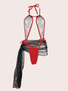 2 piezas Conjunto de ropa interior de mujer con camiseta sin espalda ajustada de encaje y malla transparente