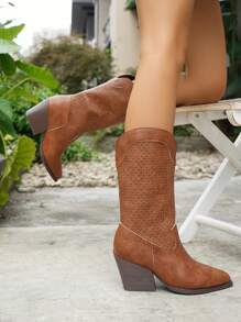 Women's Vintage V-Cut Pointed Toe Thick Heeled Hollow-Out Embroidery Western Mid-Calf Boots, Casual Slip-On Style