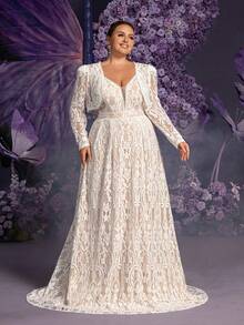 Elasola 优雅蕾丝婚纱两件套 | 深V领饰以精致花卉图案，A字廓形，适合梦幻花园婚礼、新娘盛典和飘逸晚宴派对。 - 白色 - 查看 7