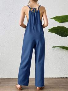 Overall mujer  dama casual pierna ancha tirantes ajustables bolsillos costados moderno bohemio cómodo versátil juvenil chic bohemio disponible tejido efecto lino colores jumpsuit mono enterizo palazzo - Azul - Ver 2