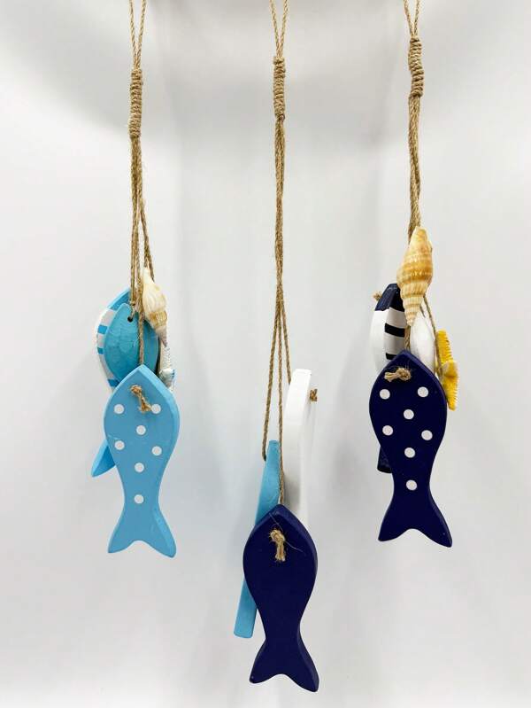 3pcs/Set Mediterranean Sea Wooden Fish Shape Hanging Decor, Double-Sided Fish, Starfish & Shell Wall Hanging, Vintage Style Hotel/Home Decoration